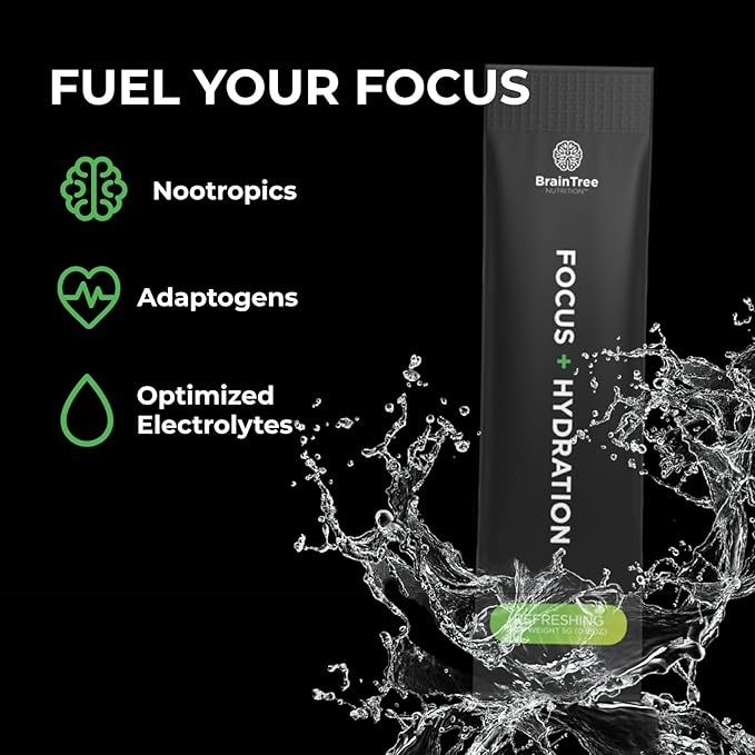 BrainTree Nutrition - Focus + Hydration - Electrolyte Drink Mix - Total Body Hydration - Supports Cognitive Function Energy &amp Muscle Recovery - Sugar Free - Refreshing - 30 Stick Packs