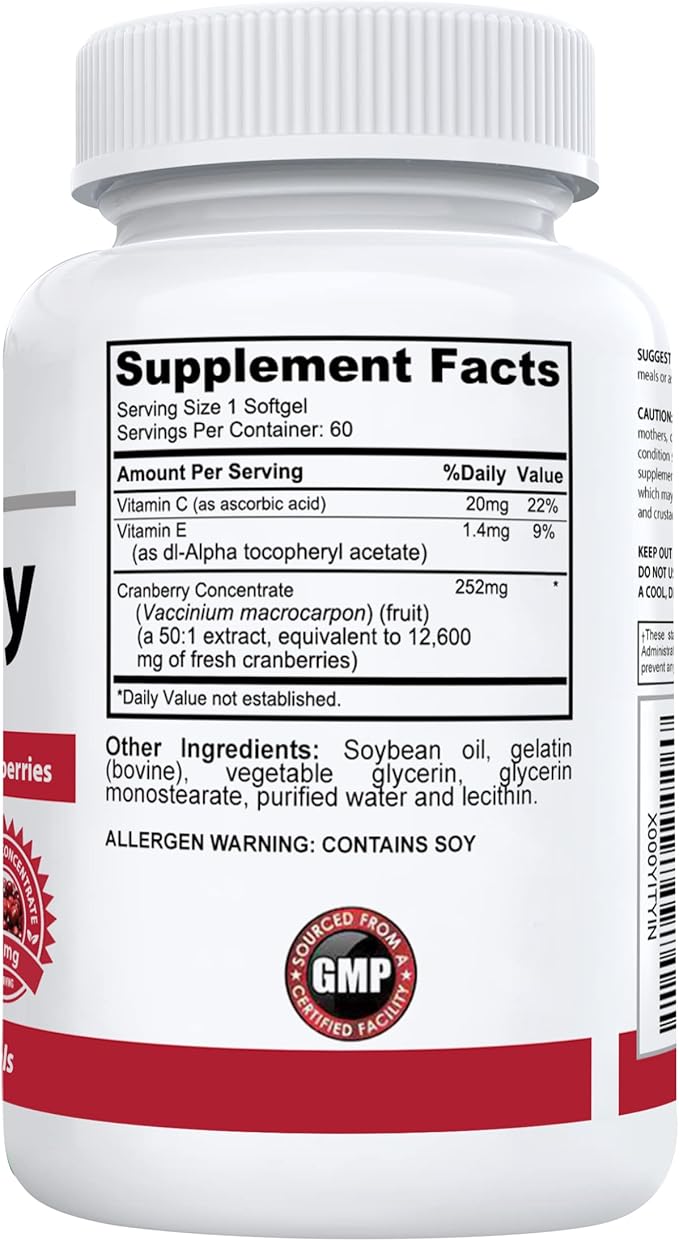 Nutracraft #1 Cranberry Extract Supplement for Bladder &amp Urinary Tract Support | 12600 mg of Fresh Cranberries Vitamin C &amp E and Polyphenols | Lab Tested &amp Easy to Swallow | 60 Softgels