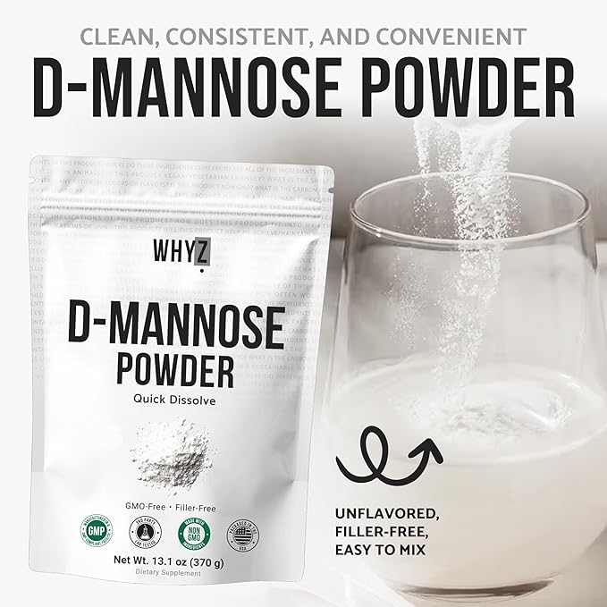 D-Mannose Powder Quick Dissolve Pure Premium Mannose Supplement Essential Powder for Supports Urinary Tract and Bladder Quick Water Soluble Formula for Drinks and Smoothies Vegan Zero-Additives 370g