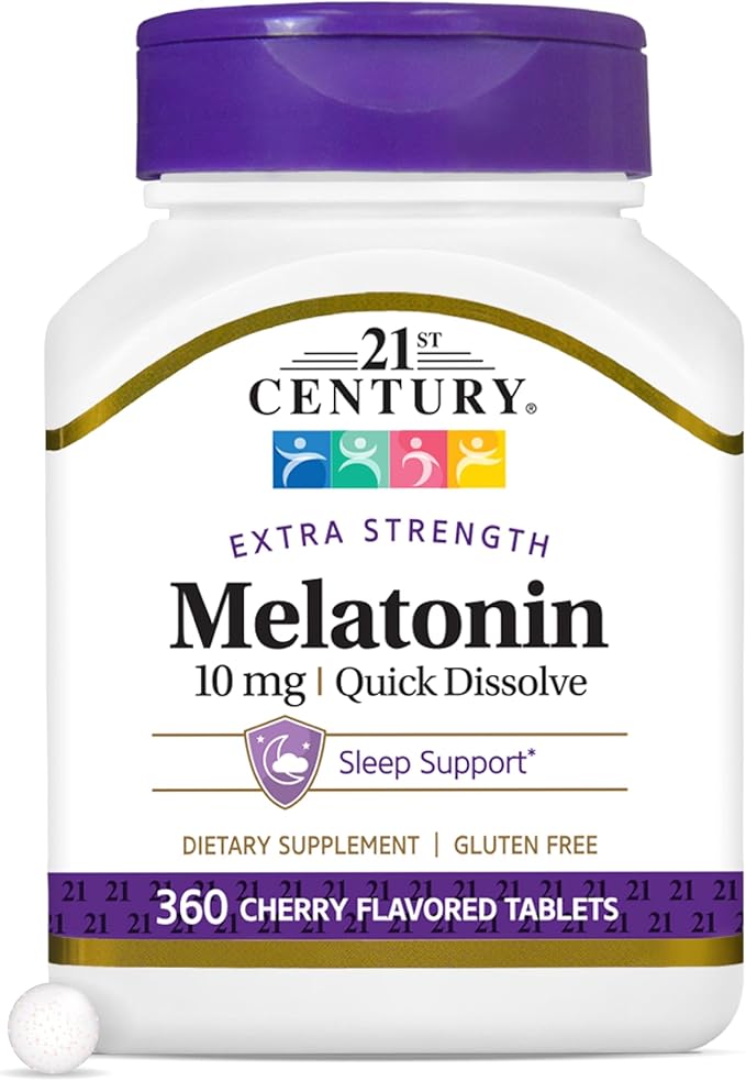 21st Century Melatonin 10mg Extra Strength (360 Count) Quick Dissolving Sleep Aid for Adults Promotes Relaxation and Restful Sleep Non-Habit Forming Gluten-Free Cherry Flavor