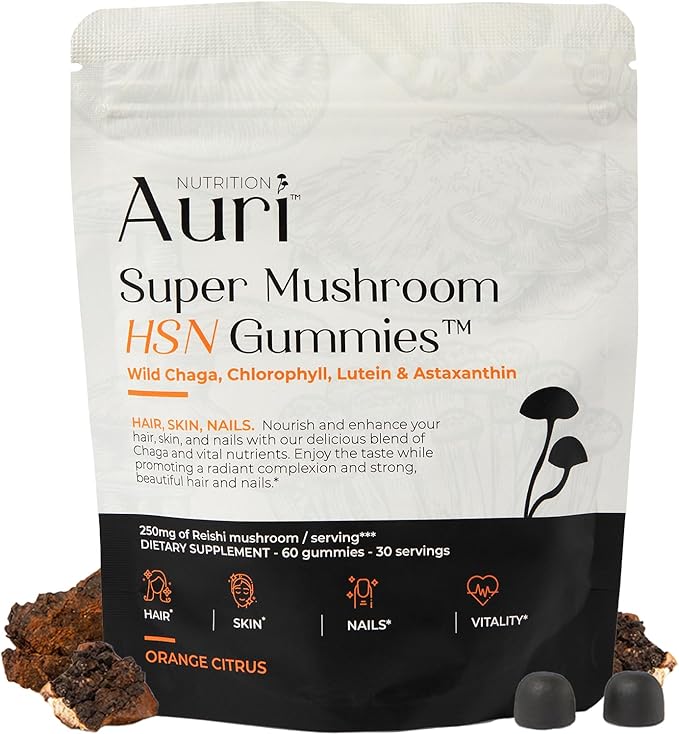 Auri Nutrition Super Mushroom HSN Gummies - Hair Skin and Nails Gummies Functional Mushrooms Supplement - with Wild Chaga Chlorophyll Lutein and Astaxanthin - 60 Orange Citrus Gummies