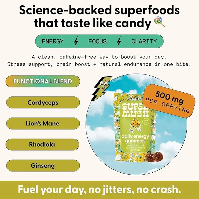 SuperMush Energy Mushroom Gummies - Organic Lions Mane Supplement with Cordyceps Rhodiola L-Theanine Maca - Vegan &amp Sugar-Free - Energy Focus Stamina Stress Reduction - 28 Gummies (14 Servin