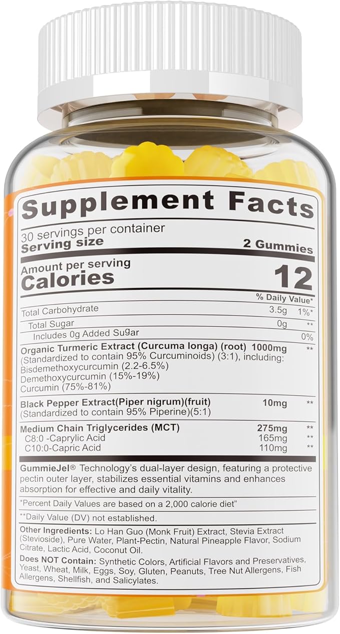 Turmeric Gummies 1000mg w/MCT Oil C8 C10 Organic Antioxidant Turmeric Curcumin Supplement with Black Pepper Extract Support Comfort Boost Energy Ultra Absorption Sugar Free 60 Cts