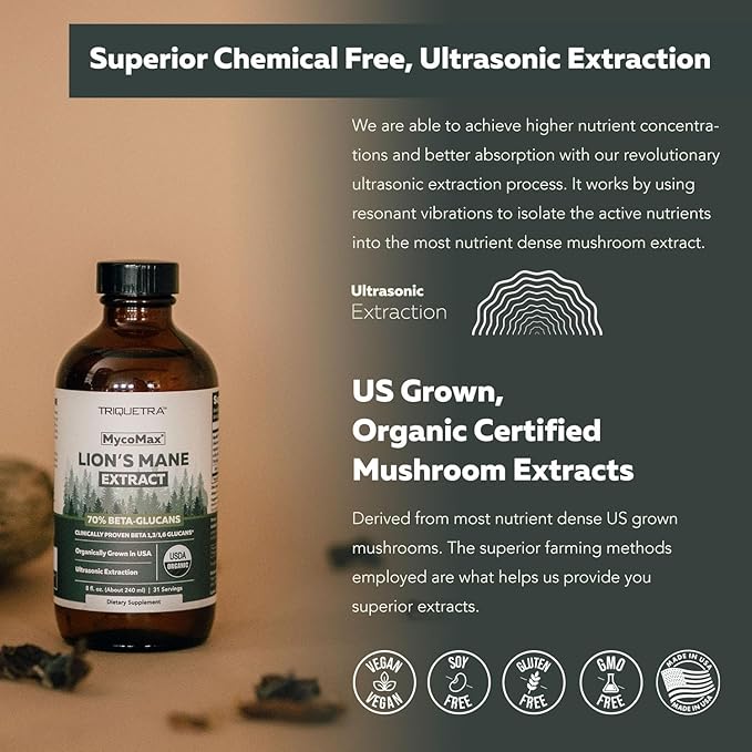MycoMax Lions Mane Extract - 70% Beta Glucans Max Potency Organic Lions Mane Supplement US Grown + Ultrasonic Extraction - 500 mg per serving - Mental Clarity Focus and Memory - 8 oz.