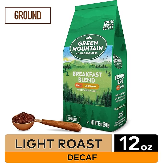 Green Mountain Coffee Roasters Breakfast Blend Decaf Ground Coffee Decaffeinated Light Roast Bagged 12oz. (Pack of 2)