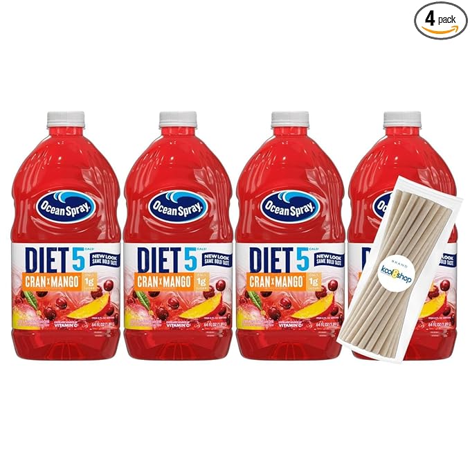 Ocean Spray Diet Cran Mango Juice Drink 64 fl oz Plastic Bottle 4 Pack + 15 Sugarcane Disposable Straws by KOOL8SHOP Infinite Deals