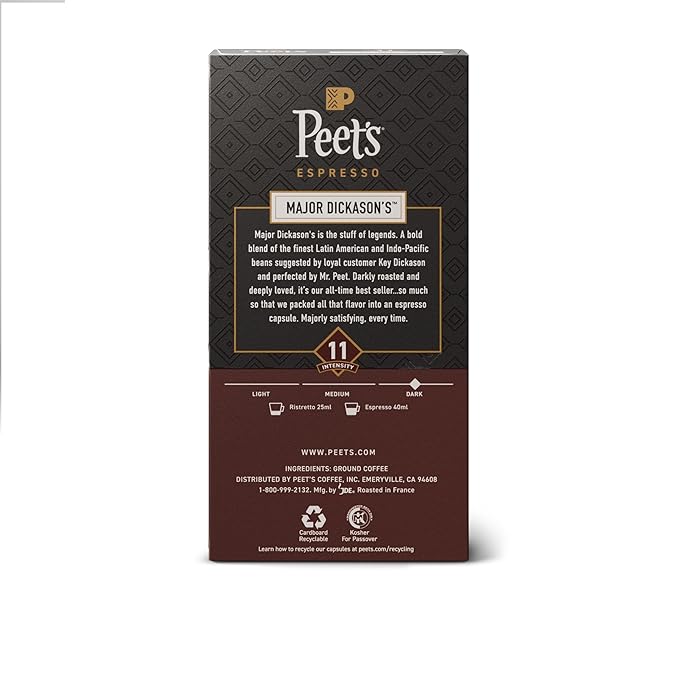 Peet's Coffee Dark Roast Espresso Capsules Compatible with Nespresso Original Machines 100% Arabica Coffee - Major Dickason's Blend Intensity 11 50 Count (5 Boxes of 10 Espresso Capsules)