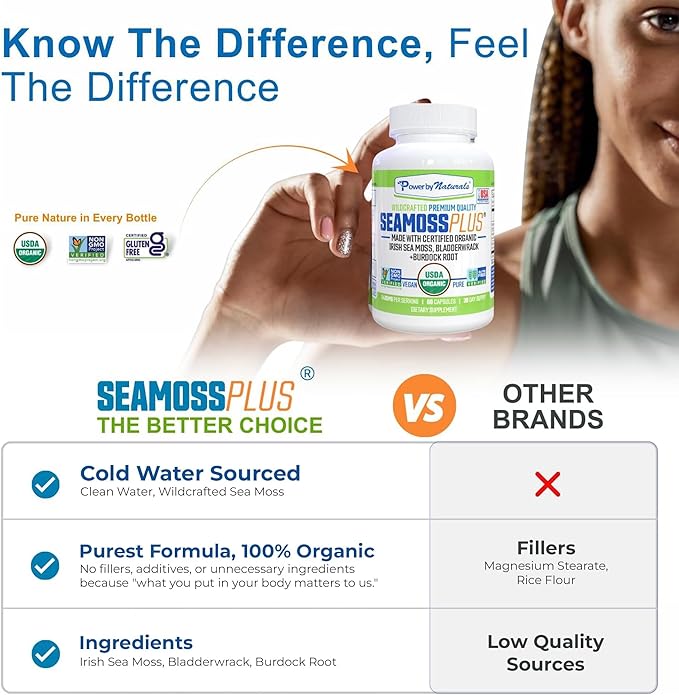 Power By Naturals Sea Moss Plus - USDA Certified Organic Wildcrafted Irish Seamoss Bladderwrack &amp Burdock Root Supplement for Immunity 60Ct 2 Pack