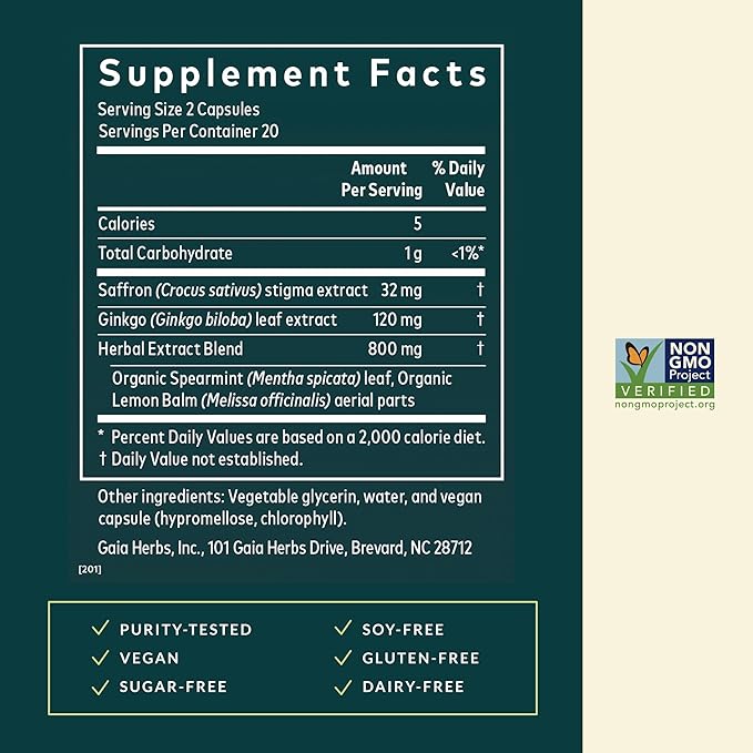 Gaia Herbs Nootropic Focus - Brain &amp Cognitive Support Supplement to Help Maintain Healthy Concentration* - with Saffron Lemon Balm &amp Spearmint - 40 Liquid Phyto-Capsules (20 Servings)