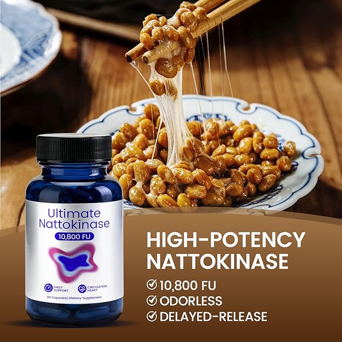 Ultimate Nattokinase Supplement with 10800 FU of Nattokinase Natural Support for Circulation &amp Cardiovascular Health Odorless Fermented Soy Enzyme Easy Daily Routine 60 Capsules