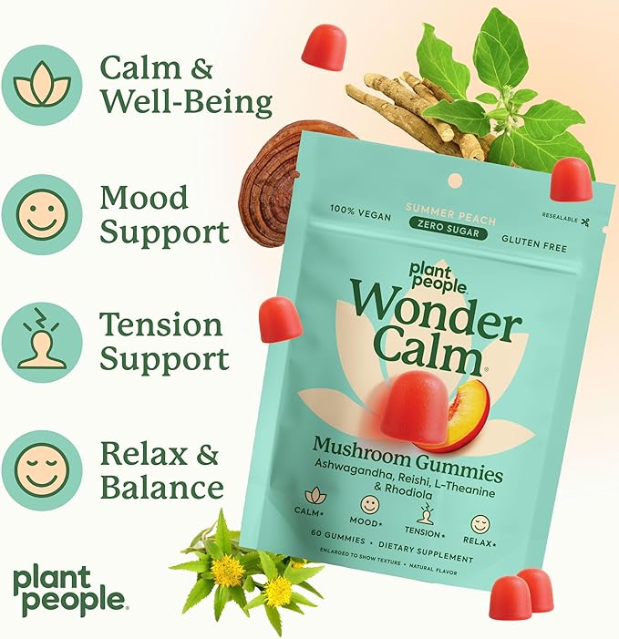 Plant People WonderCalm Mushroom Gummies - Natural Ashwagandha Supplement to Ease Stress &amp Boost Mood for Adults Without Sugar Gluten or Artificial Colors Vegan-Friendly Peach Flavor 60 Count