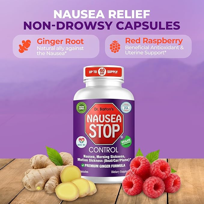 Dr. Barton’s Nausea Stop - Natural Ginger Non-Drowsy Nausea Relief Pills for Adults &amp Kids Anti Nausea Upset Stomach Morning Sickness &amp Pregnancy Nausea - Travel Essentials - 80 Capsules (