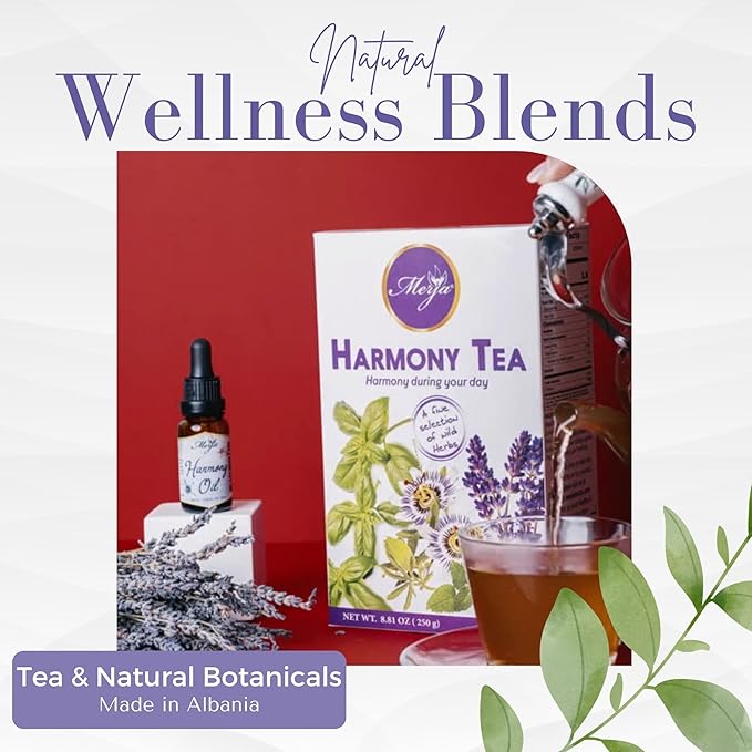 Merja Harmony Tea and Oil Set Natural Stress Relief Caffeine-Free Herbal Blend 8.81 oz Tea and 0.68 fl oz Oil