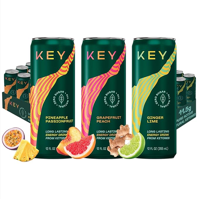 KEY 36-Pack Bundle - Ketone Energy Drink - Pineapple Passionfruit Ginger Lime Grapefruit Peach - Sugar Free All Natural Long Lasting Energy Optimal Green Tea Caffeine &amp L-Theanine