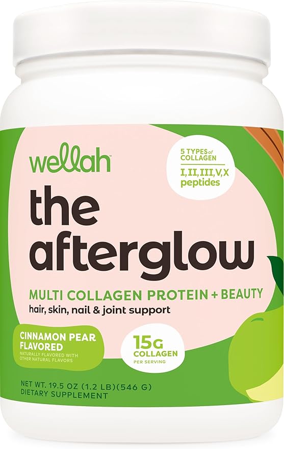 Wellah The Afterglow Multi Collagen Protein + Beauty (30 Servings Cinnamon Pear) - Hair Skin Nail &amp Joint Support - Non-GMO and Gluten Free