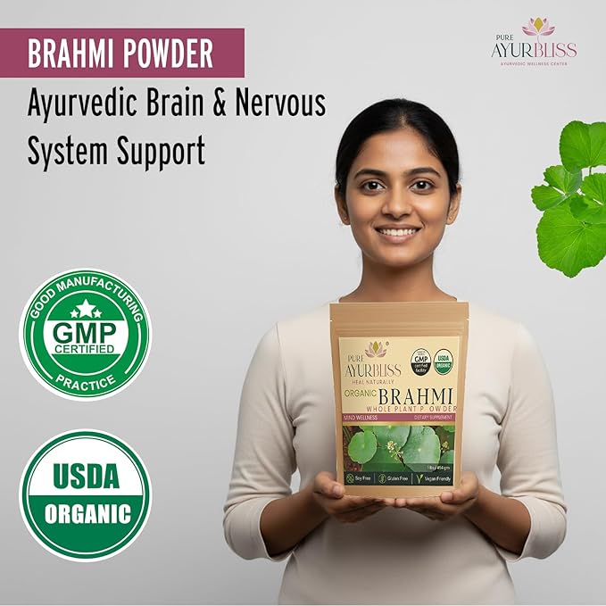100% Organic Brahmi Powder Ayurvedic Bacopa Monnieri for Memory Focus and Nervous System Care Nootropic Brain Support Blend for Cognitive Wellness Gut Balance - 16oz
