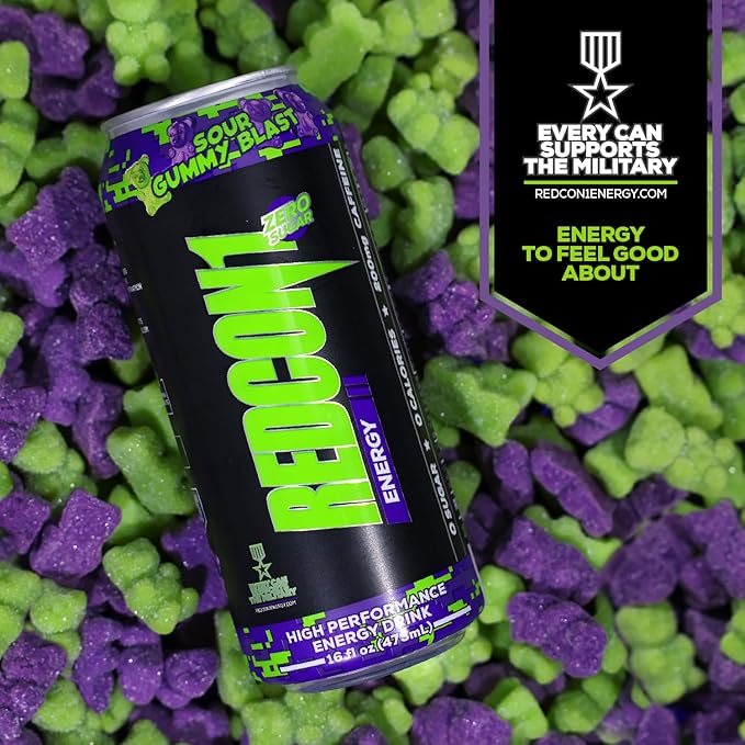 REDCON1 Energy High Performance Drink Sour Gummy Blast - Zero Sugar Energy Drink with Alpha GPC Nootropic - 200mg Natural Caffeine from Green Coffee Beans - Vitamin B6 B12 &amp B5 to Boost Mood (12