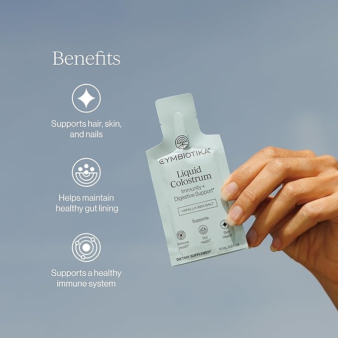 CYMBIOTIKA Liquid Colostrum 1.5g Full Spectrum Colostrum Grass-Fed Bovine Colostrum for Gut Health Immune Support Skin &amp Recovery Sea Salt Vanilla Flavor 26 Daily Packets (Single Pack)