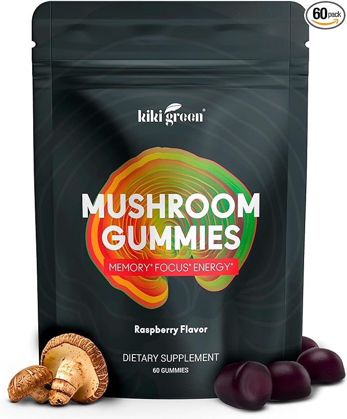 KIKI Green Mushroom Gummies with Lion's Mane and 9 Adaptogen Superfoods Blend - Chaga Red Reishi Cordyceps Shiitake Black Fungus | 60 Count 10:1 Extract