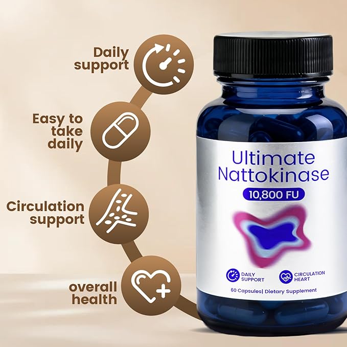 Ultimate Nattokinase Supplement with 10800 FU of Nattokinase Natural Support for Circulation &amp Cardiovascular Health Odorless Fermented Soy Enzyme Easy Daily Routine 60 Capsules