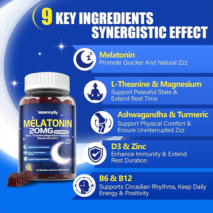 Melatonin 20mg Gummies for Adults - Sugar Free Melatonin Gummies Extra Strength with L-Theanine Magnesium Ashwagandha Turmeric D3 &amp Zinc - Non-Habit Forming