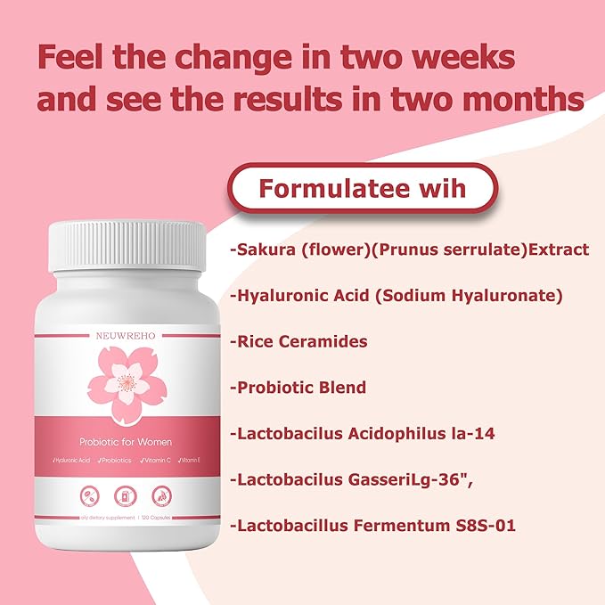 Vaginal Probiotics for Women Vaginal Dryness &amp PH Balance | 2000mg Daily Supplement with Lactobacillus Strains Cherry Blossom Extract Multi-Collagen Blend Hyaluronic Acid Prebiotics Vitamin