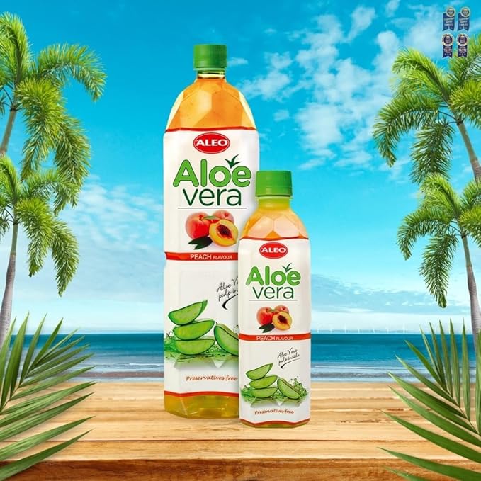 ALEO 0.5L x 24 Premium Peach Aloe Vera Drink - Natural No Preservatives No Artificial Colors Superior Taste Award 2025
