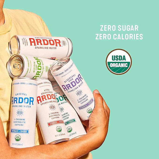 ARDOR ENERGY Sparkling Water with 100mg Natural Caffeine &amp 200mg L-Theanine from Organic Green Tea for Smooth Energy &amp Focus | Healthy Energy Drink | No Sugar Zero Calories Vegan Gluten-Fre