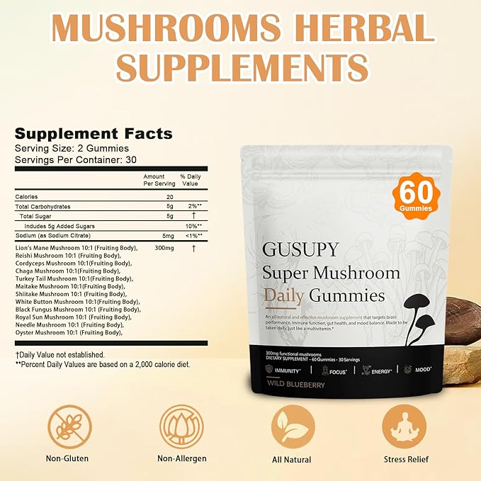 Lions Mane Mushroom Supplement Gummies - All-in-One Daily Mushroom Supplement Gummy 12 Mushroom Blend Cordyceps Chaga Reishi Herbal Brain Supplement for Cognitive Memory &amp Focus60 Gummies