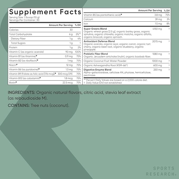 Sports Research® Organic Greens Superfood Powder w/Spirulina &amp Chlorella Adaptogens Enzymes Probiotics &amp 8 VIT Bs for Gut &amp Mood Support* - Vegan Sugar-Free &amp Low-Cal Original 30 S