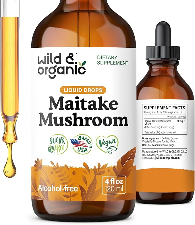 Wild &amp Organic Maitake Mushroom Tincture - Immune Support Supplement - Liquid Maitake Mushroom Extract - Vegan Sugar &amp Alcohol-Free Drops - 4 fl oz