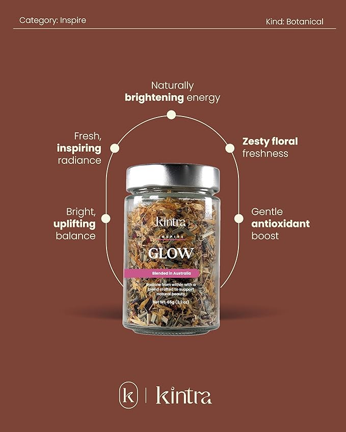 Kintra Foods Glow Loose Leaf Tea Jar 65g | Lemongrass Premium Loose Leaf Caffeine-Free Herbal Tea | Radiance Herbal Infusion with Skin-Loving Botanicals | No Additives No Sugar