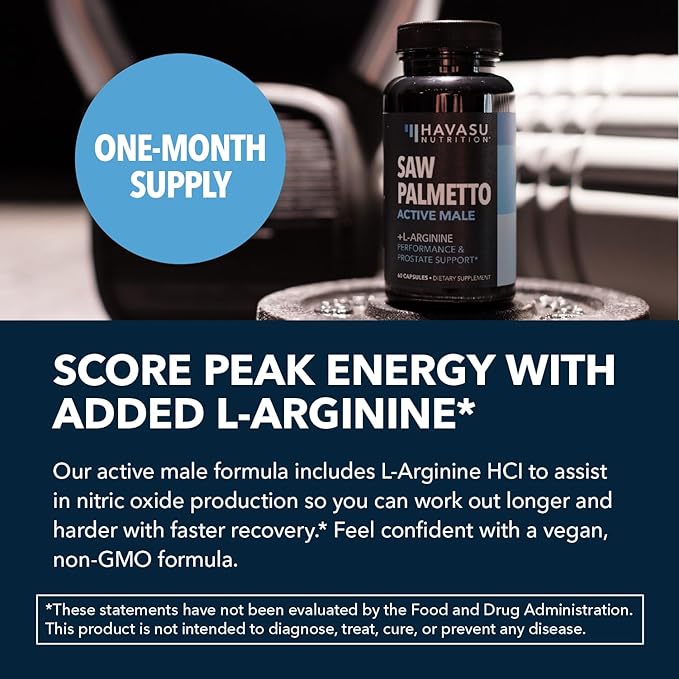 Saw Palmetto 500mg and L-Arginine 500 mg - Prostate Health and Nitric Oxide Supplements for Men - 60 Count - Urinary Function Support and Endurance for Active Males - Vegan Non-GMO 1 Month Supply
