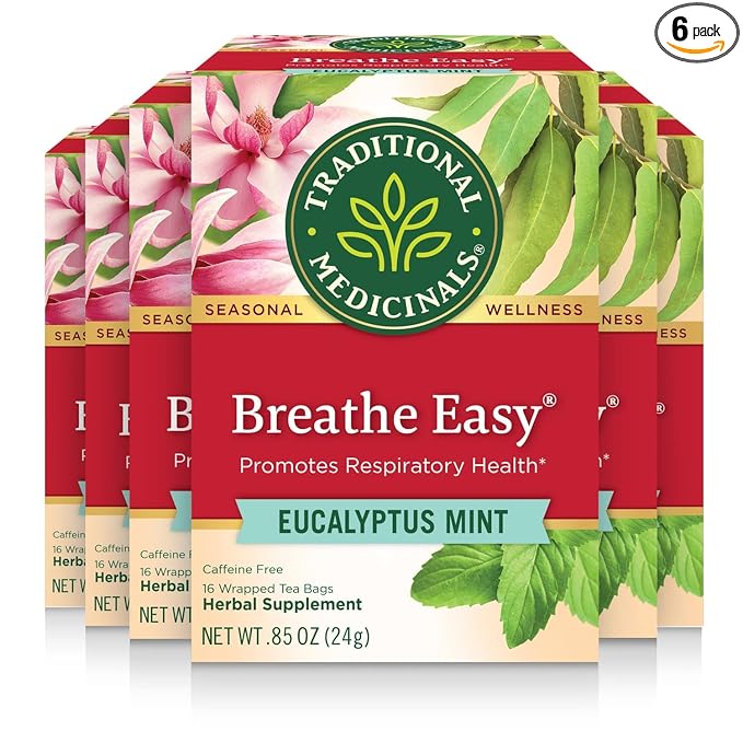Traditional Medicinals Tea Organic Breathe Easy with Eucalyptus Mint Promotes Respiratory Health Kosher Non-GMO Caffeine-Free Compostable - 96 Tea Bags (Pack of 6