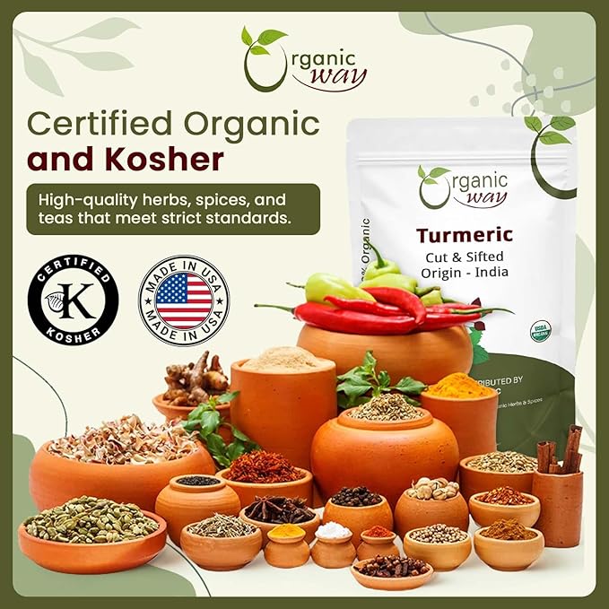 Organic Way Turmeric/Haldi Root Cut &amp Sifted (Curcuma Longa) - Herbal Tea | Kosher &amp USDA Certified | Vegan Non-GMO &amp Gluten Free | 100% Raw from India (2LBS / 32Oz.)