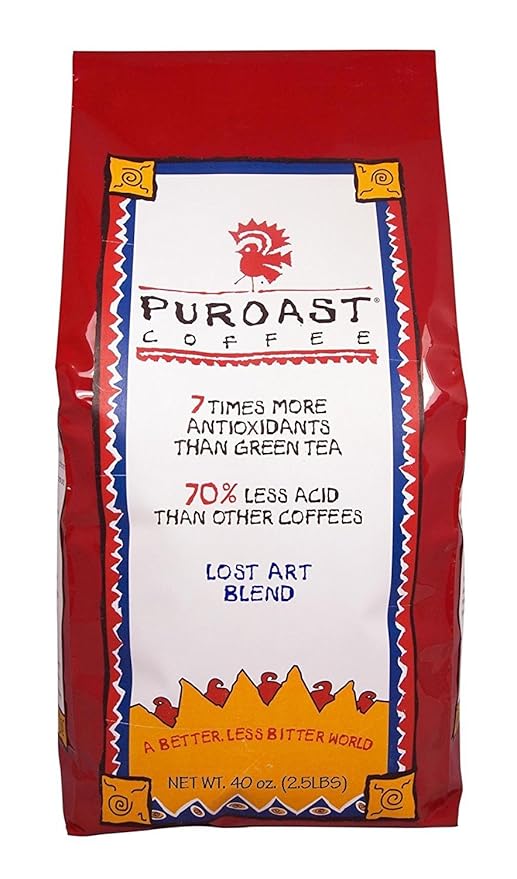 Puroast Low Acid Coffee Whole Bean | Lost Art Whole Bean | Medium Roast | High Antioxidants &amp High pH |No Bitter Aftertaste | Reduced Heartburn &amp GERD | Suitable for Cold Brew - 2.2 LB