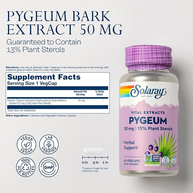 SOLARAY Pygeum Bark Extract 50mg - Pygeum Supplement for Prostate Health Support - Guaranteed to Contain 6.5mg Plant Sterols Like Beta Sitosterol Non-GMO Vegan 60-Day Guarantee 60 Serv 60 VegCaps