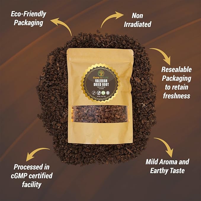Cure wid Pure Organic Valerian Root Tea - CutSifted &amp Non-Irradiated Valerian Tea Promotes Natural Relaxing Sleep - Te De Valeriana officinalis in Resealable Eco Friendly Pouch 16oz