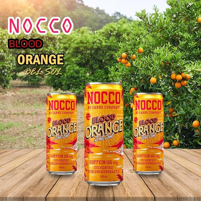 12 cans | NOCCO BCAA DRINK | Blood Orange Del Sol 330 ml | BCAA | 105 mg Caffeine | Energy Drink | Buxtrade
