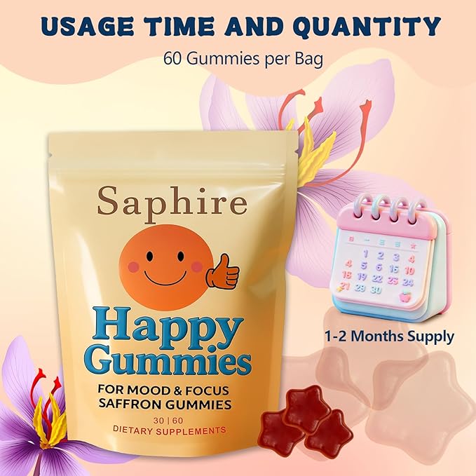 Gummies – Calm &amp Focus Support Gummies Sugar-Free Saffron Chews with Passion Flower &amp Chamomile Daily Mood Balance Supplement 60 Count(30-Day Supply).(1)