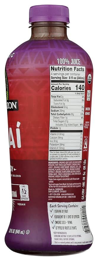 Sambazon Organic Energy Superfood Juice Blend Açaí Berry Yerba Mate and Guarana Juice 32 Ounce