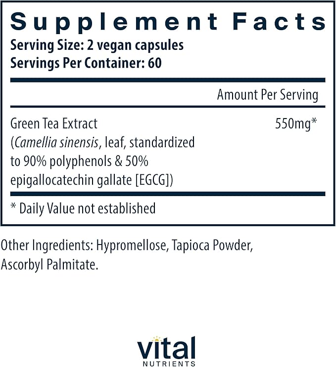 Vital Nutrients Green Tea Extract 550mg - Potent Antioxidant for Heart &amp Immune Health* - Polyphenols Supplement with EGCG - Gluten Dairy Soy Free - Non-GMO - 120 Capsules