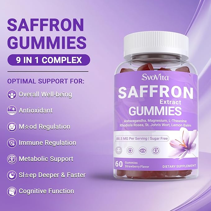 Saffron Supplements Gummies with 88.5 mg Saffron Extract Magnesium Glycinate L-Theanine Ashwagandha Rhodiola Rosea St. John’s Wort - Sugar Free 120 Count