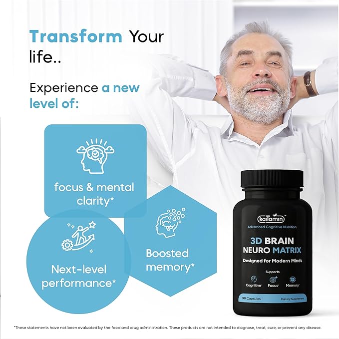 Brain Neuro Matrix – Memory &amp Focus Nootropic with Ginkgo Biloba &amp Huperzine A – Caffeine-Free Vegan Brain Supplement for Clarity Focus &amp Mood – 90 Capsules (3-Month Supply)