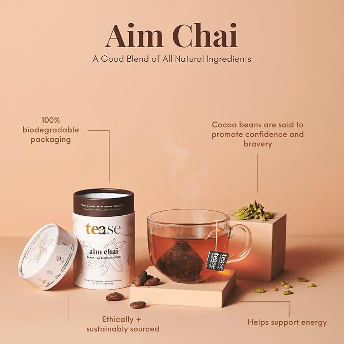 Tease Tea Loose Chai Tea - Aim Chai Organic Tea Organic Spiced Chai Caffeinated Herbal Tea Made with Black Tea Ginger Cocoa Beans and Nutmeg for an Energizing and Immunity Boosting Support