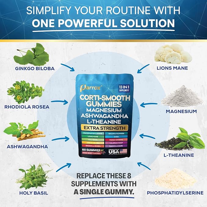 Corti-Smooth Cortisol Support Gummies with Magnesium L-Theanine Ashwagandha Phosphatidylserine Bacopa Monnieri Lions Mane Ginkgo Biloba Valerian Root (Mixed Berry Flavor - 2 Pack)