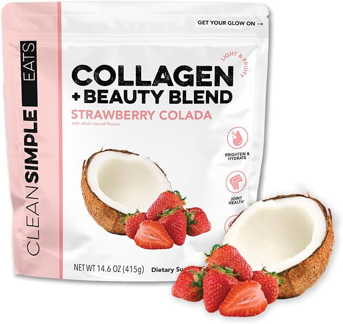 Clean Simple Eats Collagen Powder + Beauty Blend Strawberry Colada Hydrolyzed Collagen Peptides from Grass Fed Bovine &amp Chicken Hyaluronic Acid for Hair Skin Nail &amp Joint Support 30 Serv