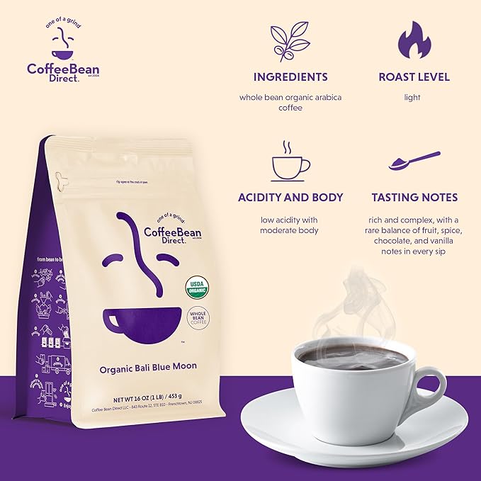 Coffee Bean Direct Organic Single Origin Coffee Variety Bundle – Bali Blue Moon &amp Colombian Whole Bean Light Roast 1 Pound Bags (Pack of 2)