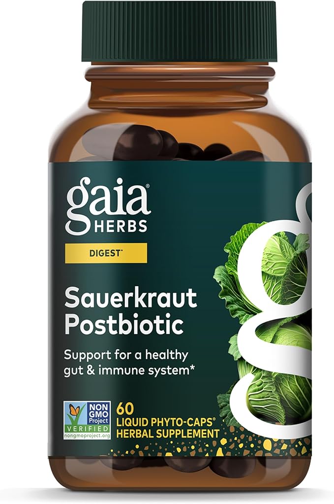 Gaia Herbs Sauerkraut Postbiotic - Gut Health &amp Immune Support Supplement* - Made with Fermented Sauerkraut - Free from Dairy Soy &amp Gluten - 60 Vegan Liquid Phyto-Caps (30 Servings)