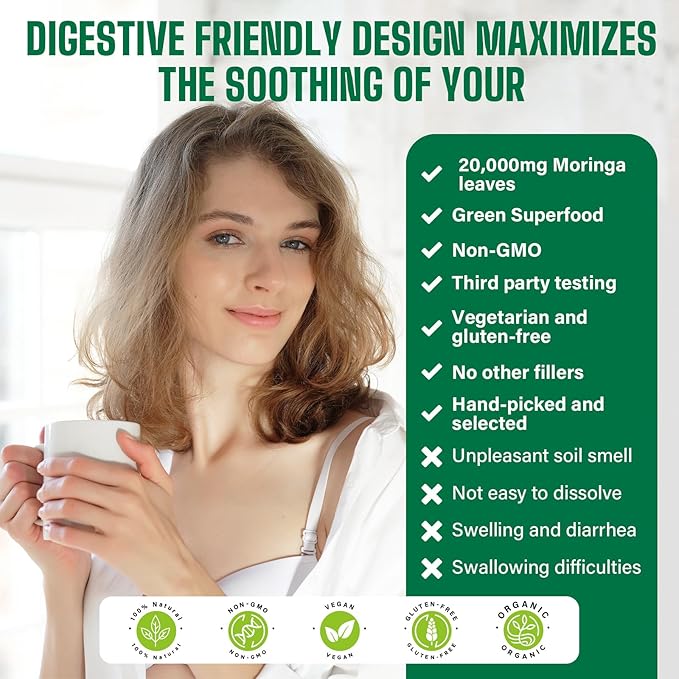Moringa Powder Organic 2000MG 18 in 1 Moringa Oleifera Leaf Powder with Ashwagandha Rhodiola Turmeric Probiotics for Energy Mood* - Green Superfood - 60 Servings